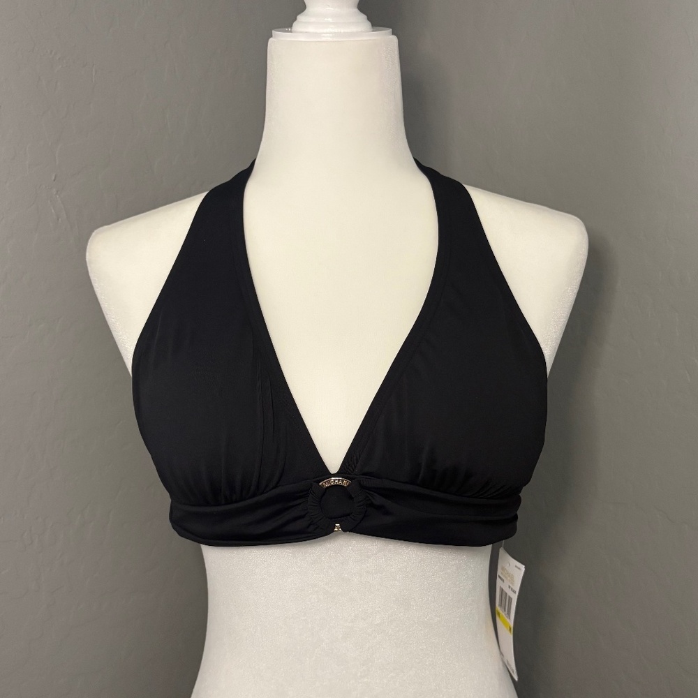 MICHAEL Michael Kors Womens Gold Tone Logo-Ring Black Halter Bikini Top M
